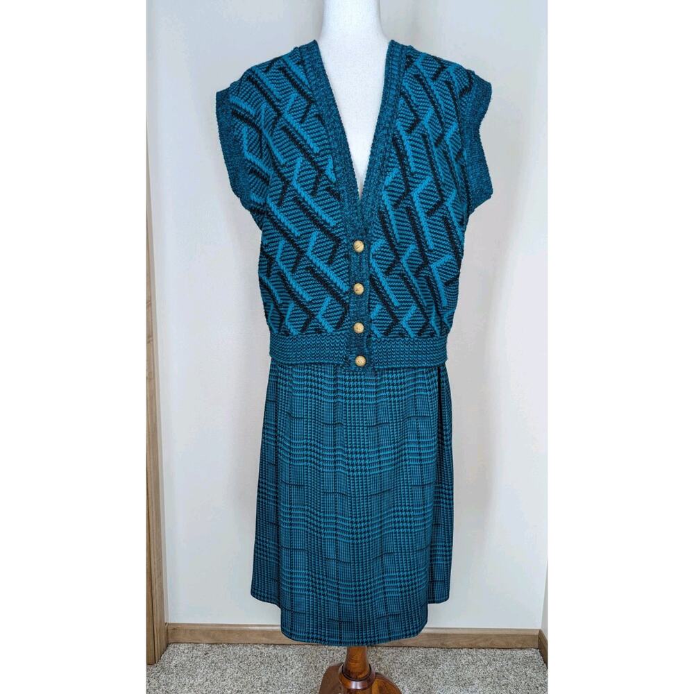Vintage Cape Cod Sportswear Green Houndstooth Sweater Skirt 2 Set Women's Medium
